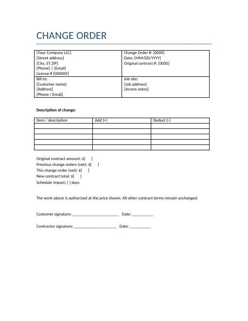 Change order template