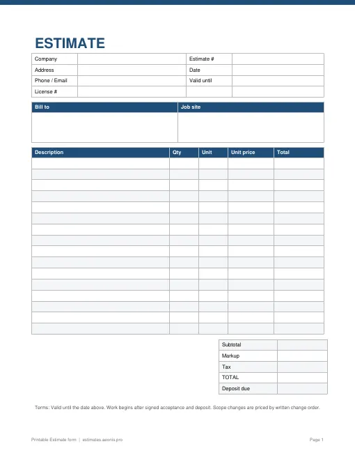 Printable estimate form