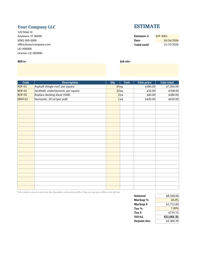 Workbook: estimate sheet (auto-calculated)